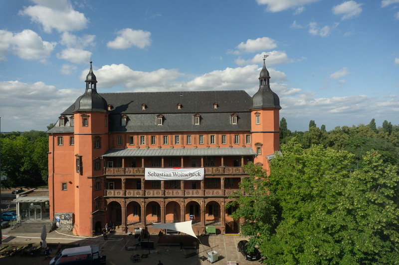 the largest 20x2 meter banner presenting Sebastian Woitscheck for Rundgang of Hochschule für Gestaltung Offenbach at Schloss